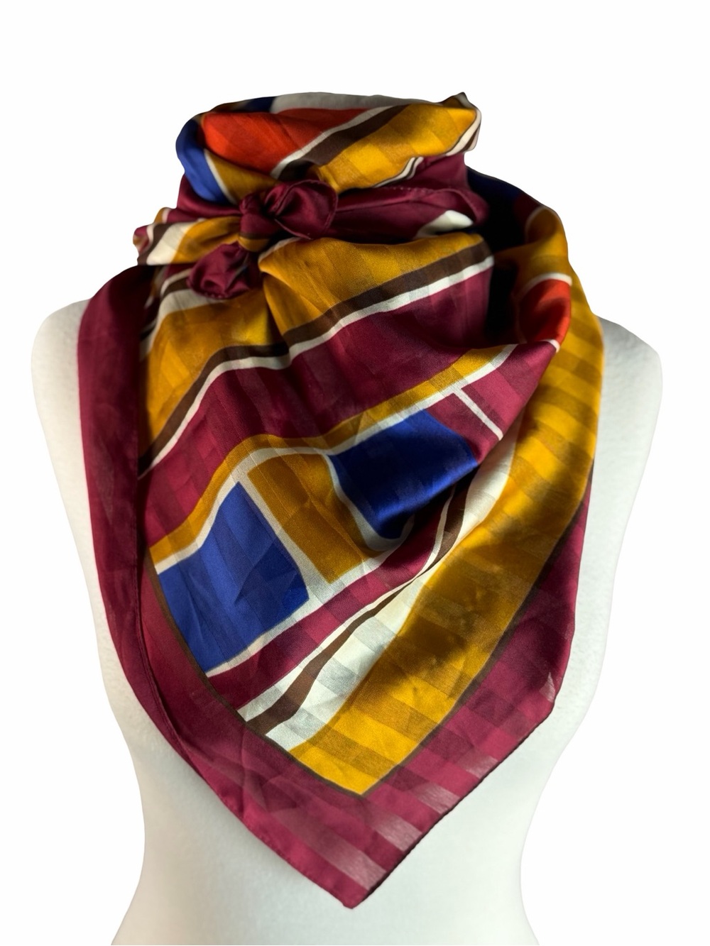 MADE IN ITALY Vintage Colorblock Plaid Scarf Burgundy Mustard Cobalt Geometric